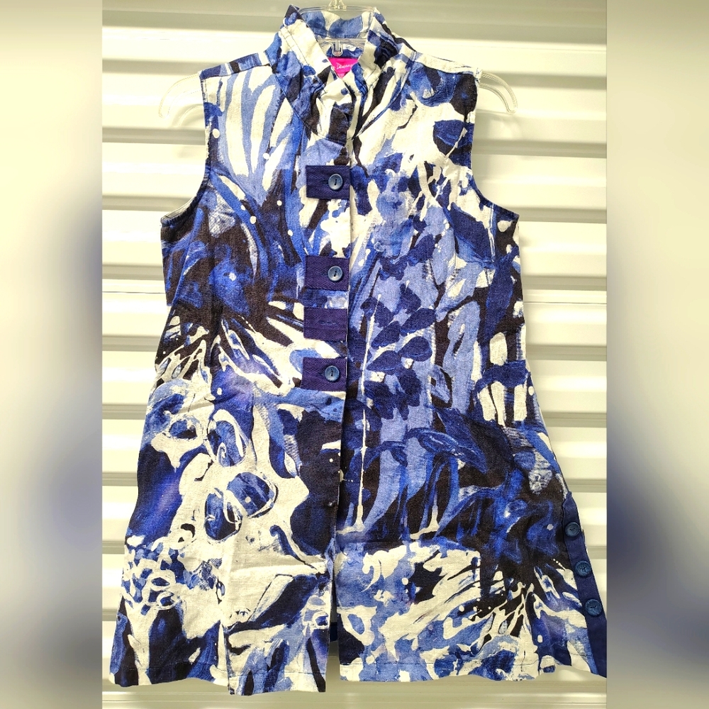 DEJARDINS CHIC LINEN ASYMMETRICAL ABSTRACT INDIGO TUNIC TOP  or COVER-UP sz XS.
